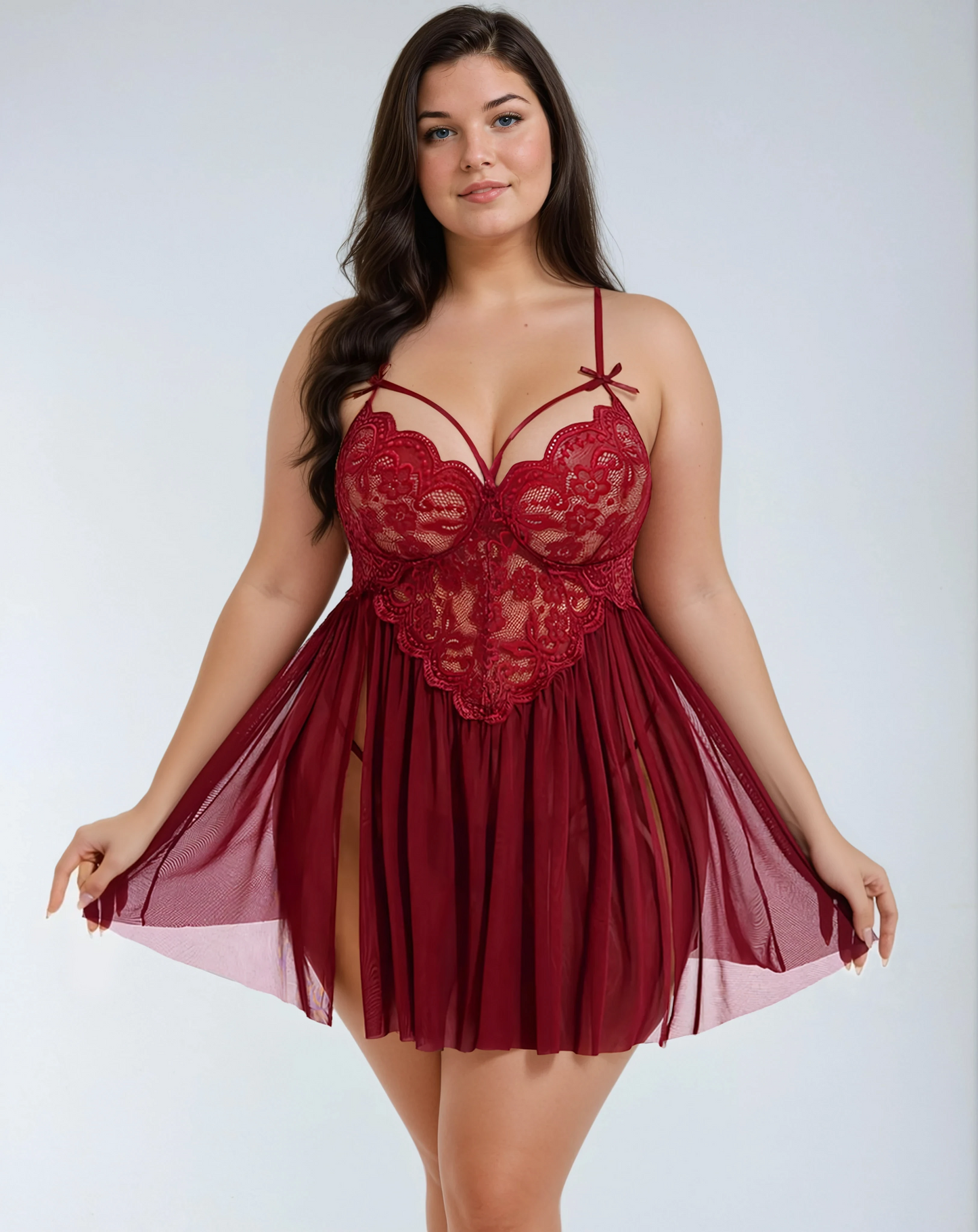 MissKlara Plus Size Mesh Babydoll met V-Hals & Split