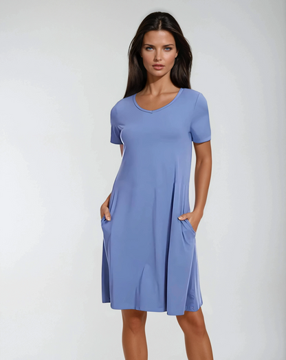 Casual V-Neck T-Shirt Dress with Pockets