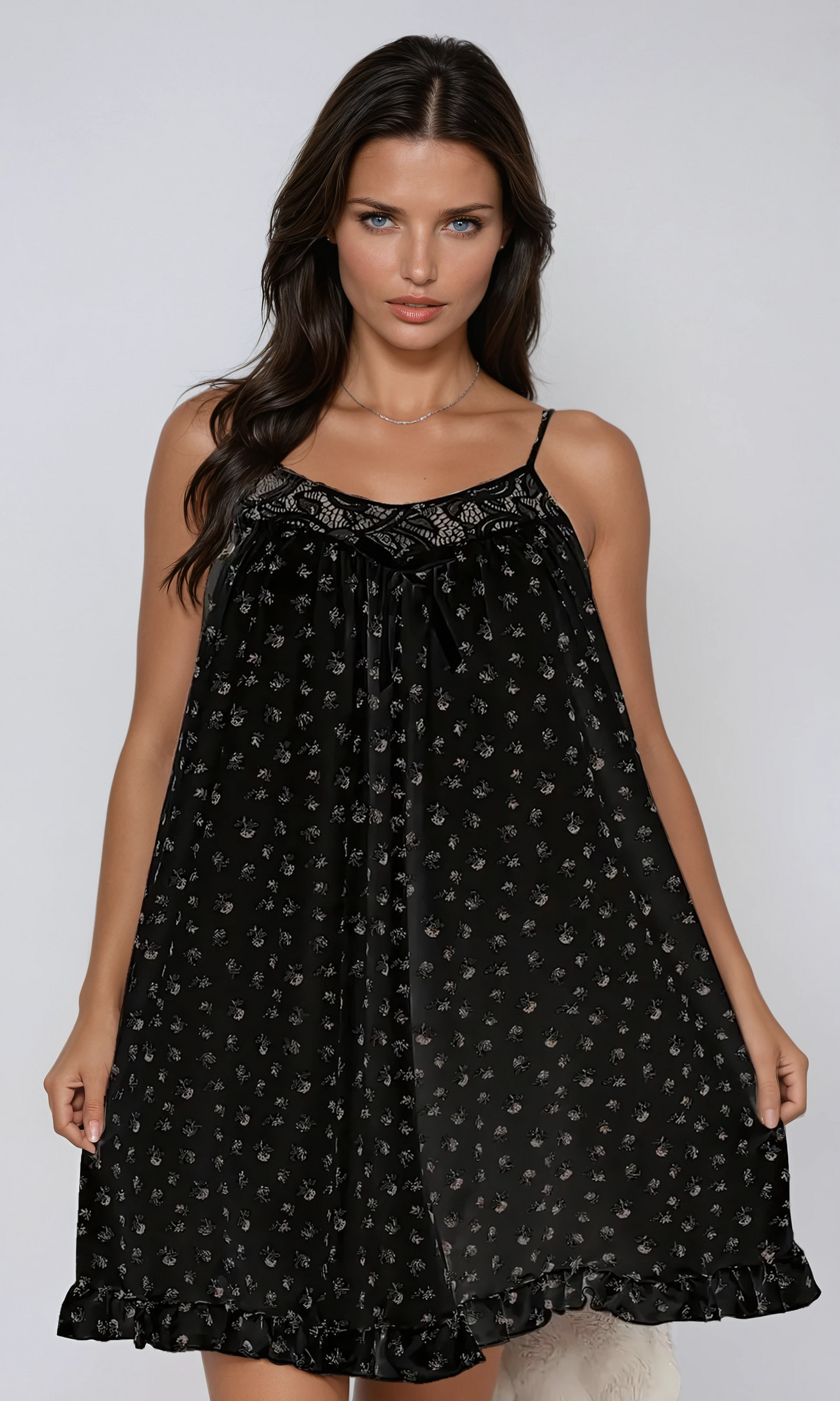 Ditsy Floral Lace-Trimmed Cami Sleep Dress