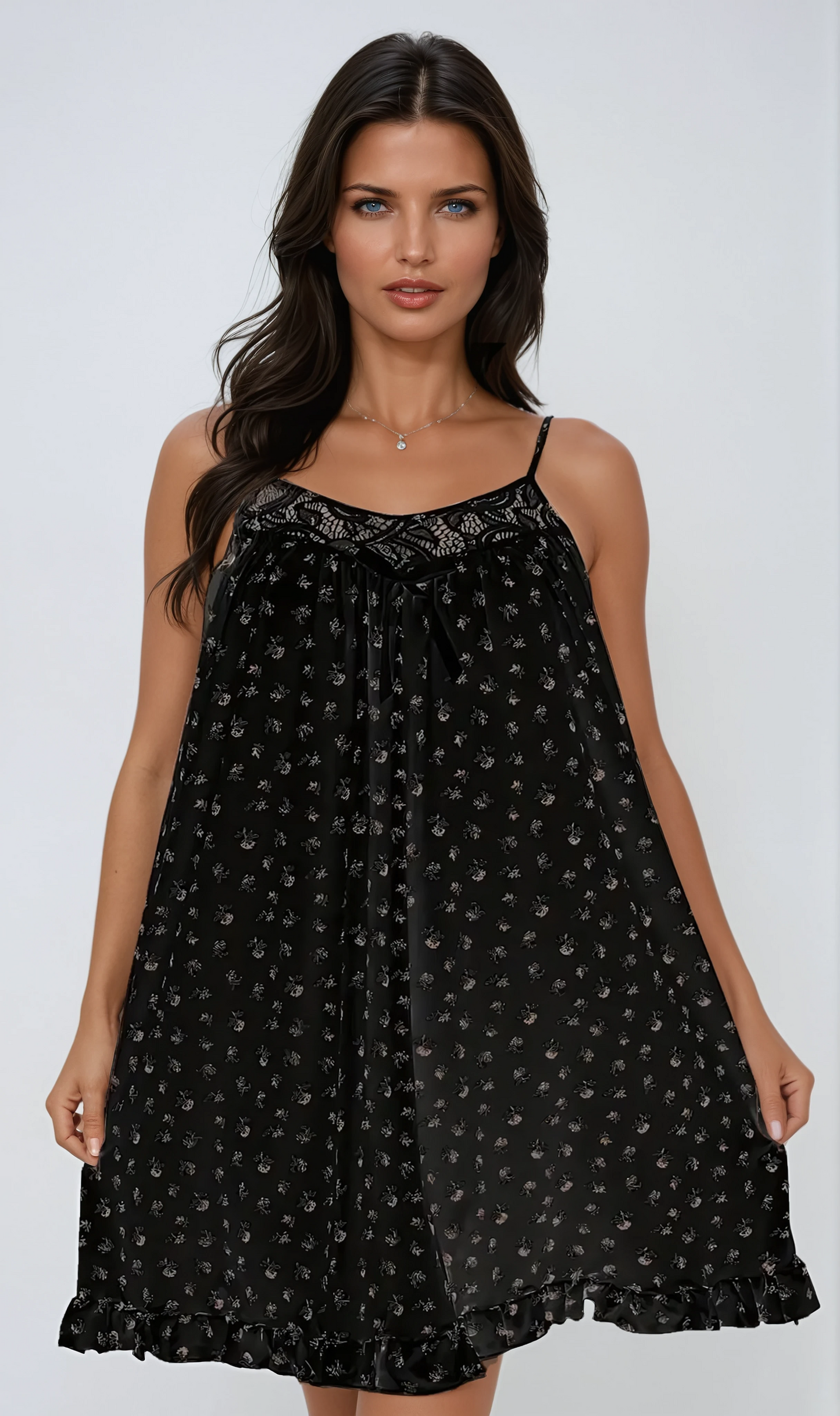 Ditsy Floral Lace-Trimmed Cami Sleep Dress