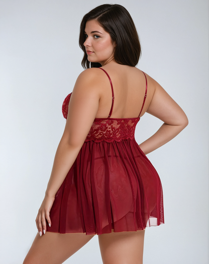 MissKlara Plus Size Mesh Babydoll met V-Hals & Split