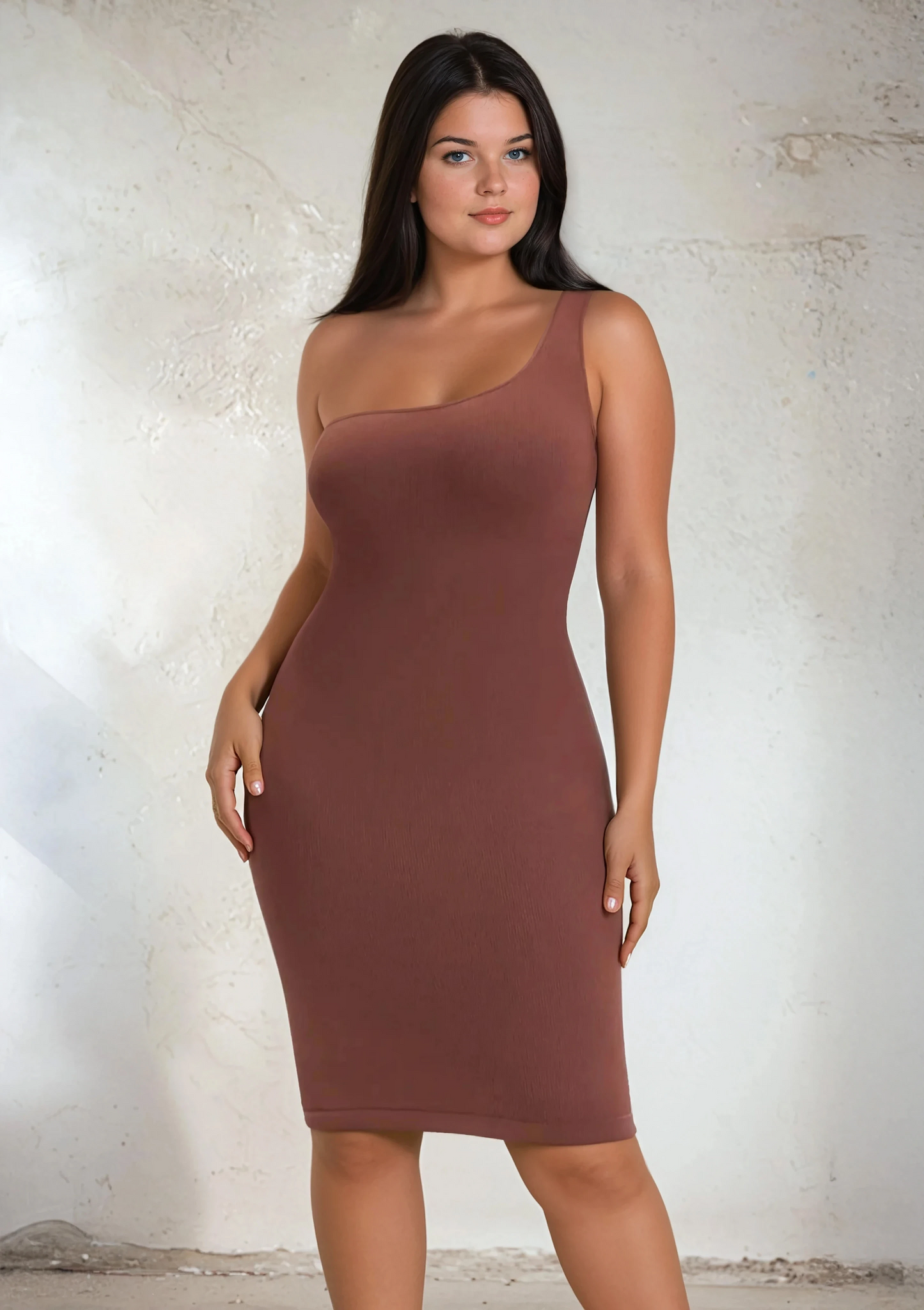 SnatchedKnit One-Shoulder Knie Jurk