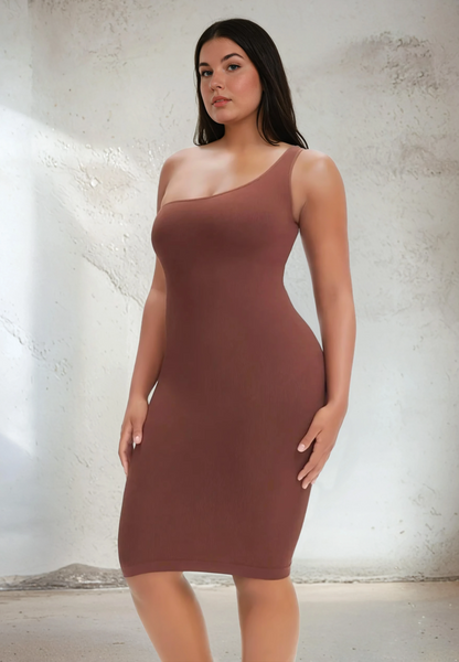 SnatchedKnit One-Shoulder Knie Jurk