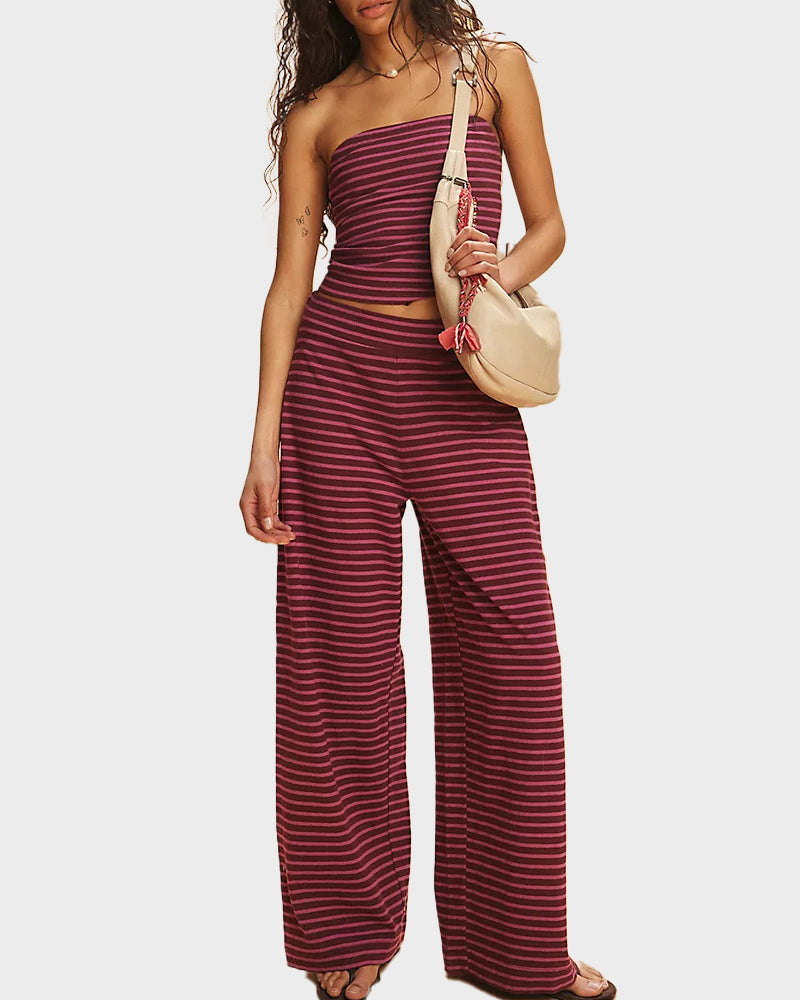 Striped Tube Top & Wide-Leg Pants Two-Piece Set