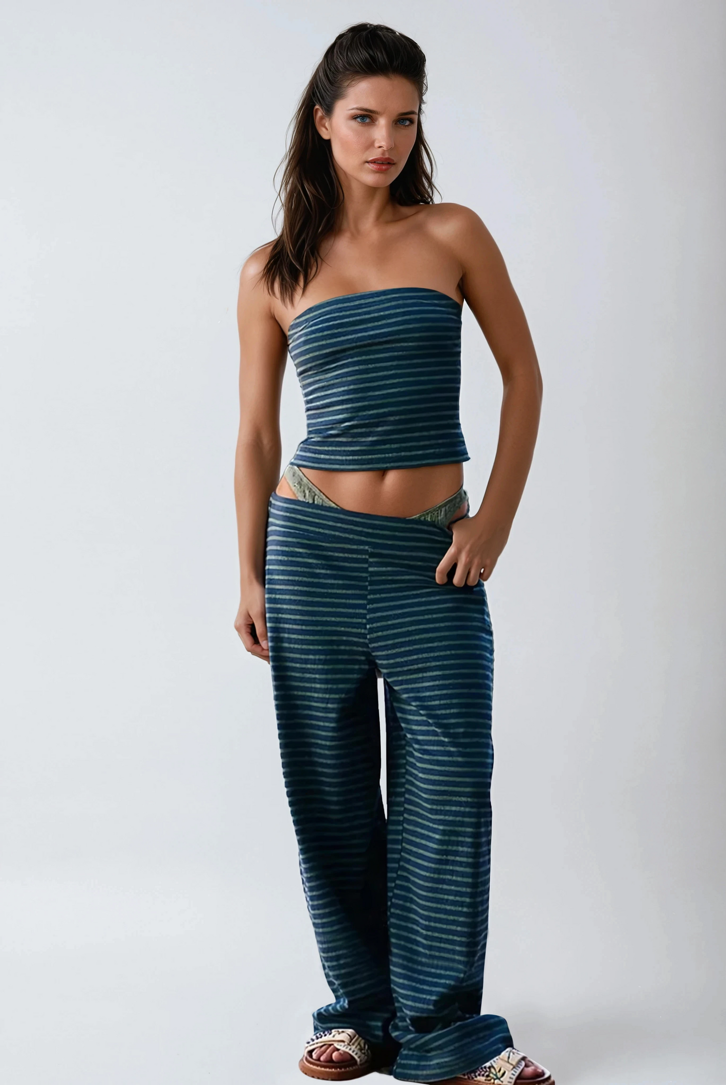 Striped Tube Top & Wide-Leg Pants Two-Piece Set