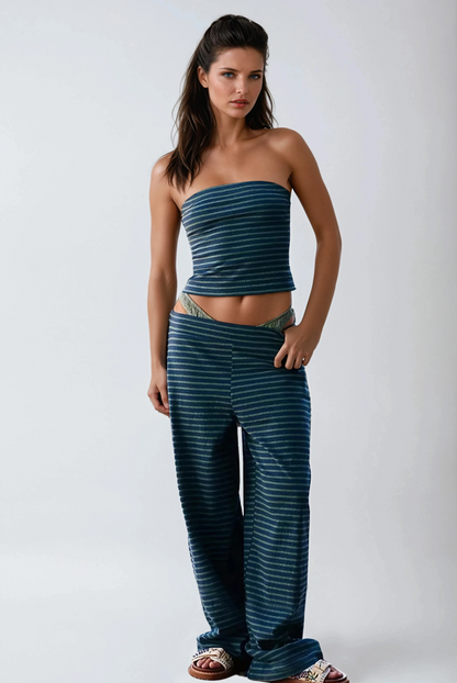 Striped Tube Top & Wide-Leg Pants Two-Piece Set