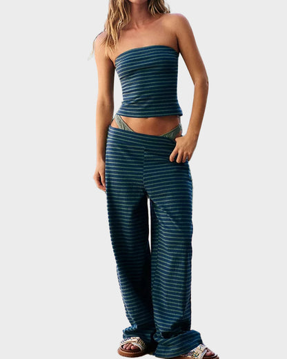 Striped Tube Top & Wide-Leg Pants Two-Piece Set