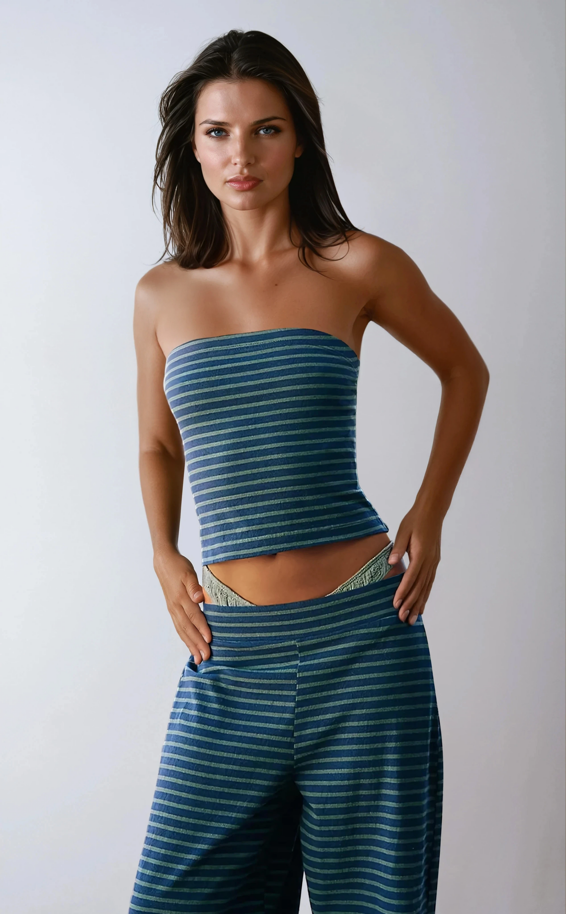 Striped Tube Top & Wide-Leg Pants Two-Piece Set